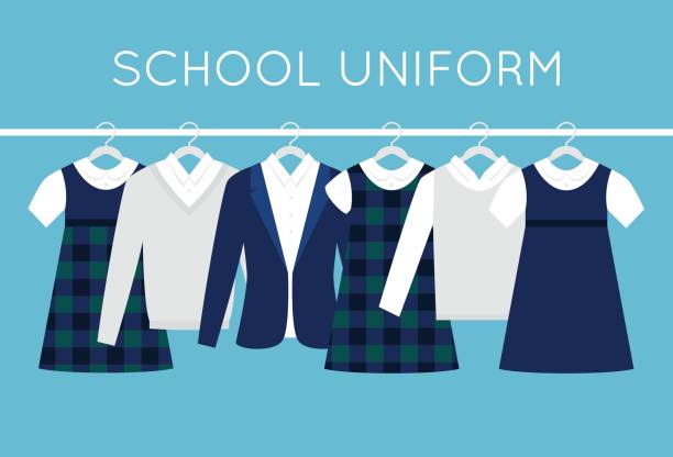 School+or+College+Uniforms+on+Hangers+in+Line.+Children+Clothes+Vector+Illustration